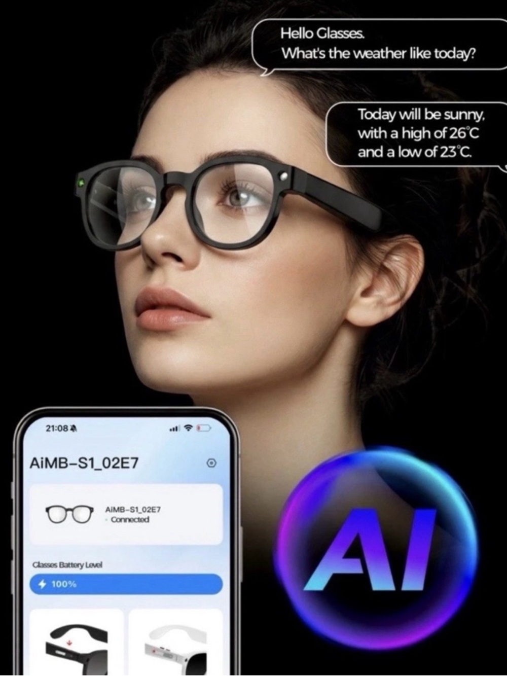 AIMB-S1 Smart Glasses with Camera Anti-AI Translator shake 1080P Video/